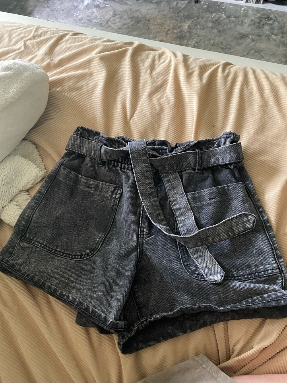High-Waist Washed Black Denim Paperbag Shorts with Belt